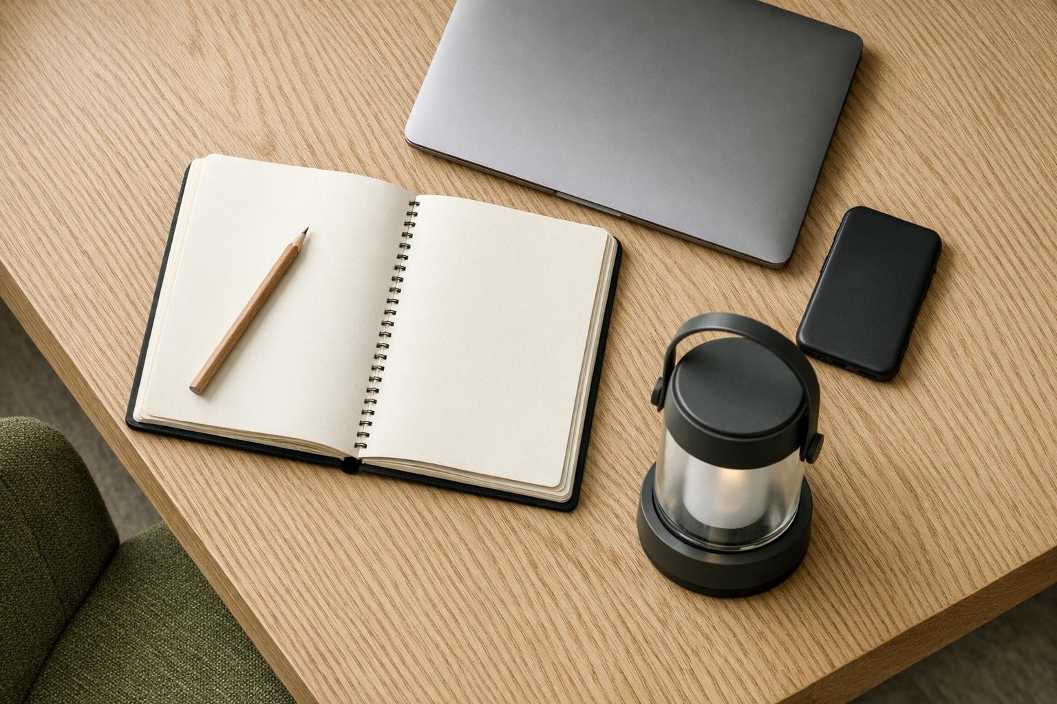 Open notebook and pencil beside a laptop, phone and lantern on a wooden table.
